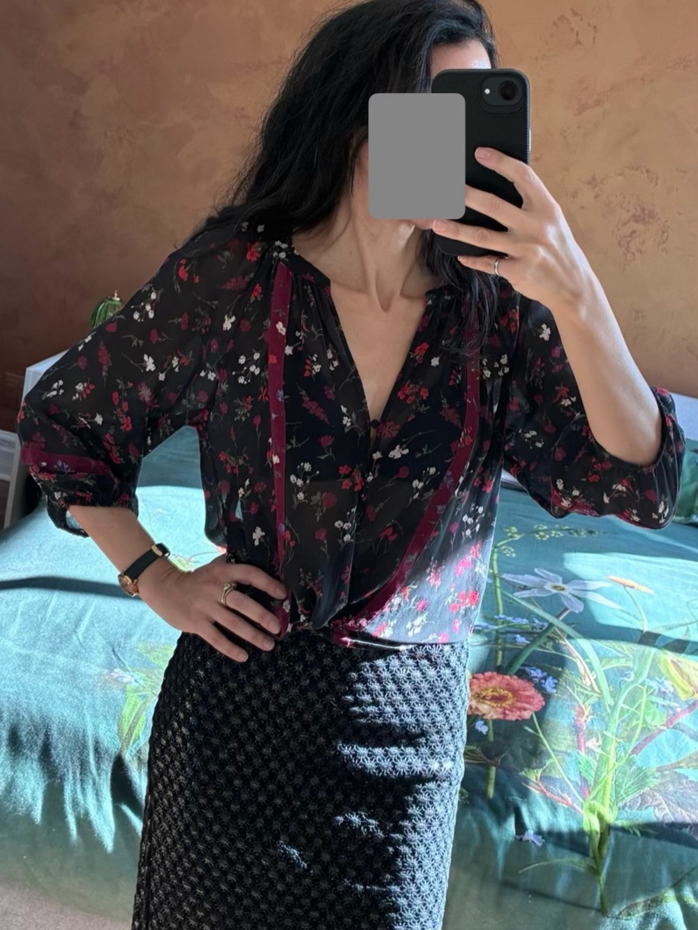 Joie Black Sheer Floral Tie-Neck Blouse